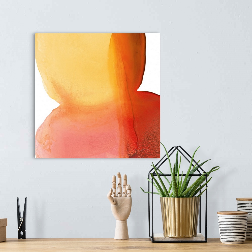 A bohemian room featuring An organic contemporary painting of large, rounded orange shapes on a white background