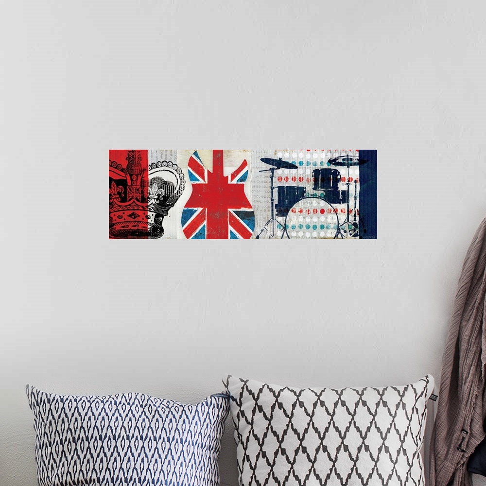A bohemian room featuring Large, horizontal artwork of collaged British imagery and colors, including an illustrated crown,...