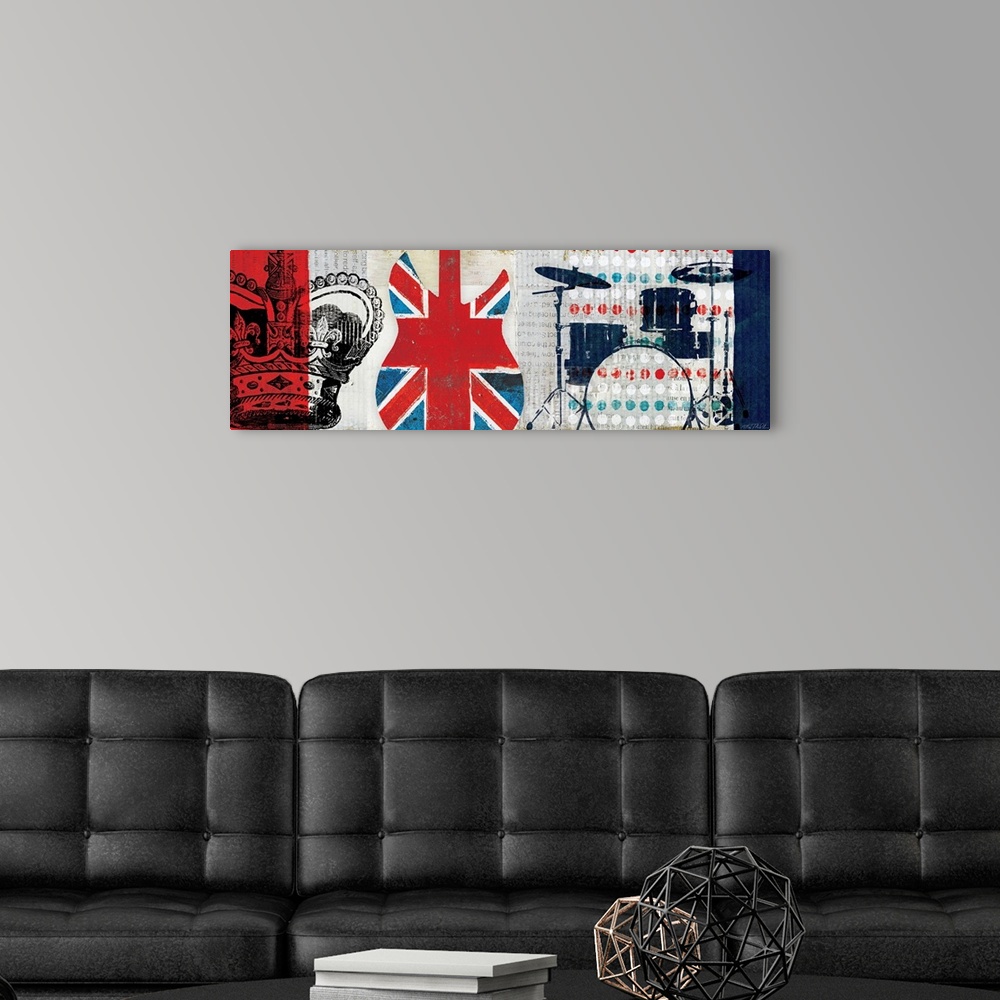 A modern room featuring Large, horizontal artwork of collaged British imagery and colors, including an illustrated crown,...