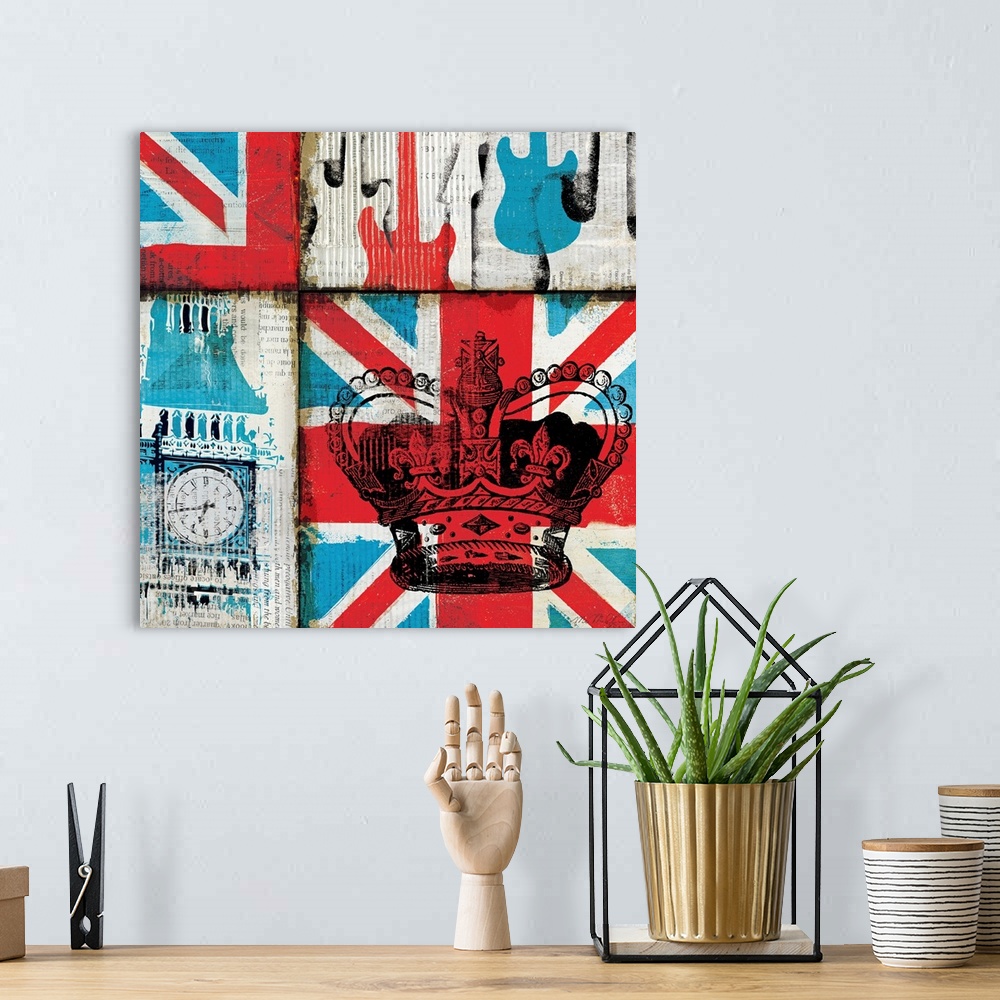 A bohemian room featuring This retro artwork has the United Kingdom flag as the background with Big Ben, guitars and a crow...