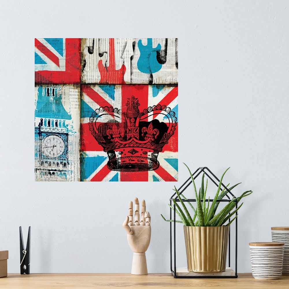 A bohemian room featuring This retro artwork has the United Kingdom flag as the background with Big Ben, guitars and a crow...