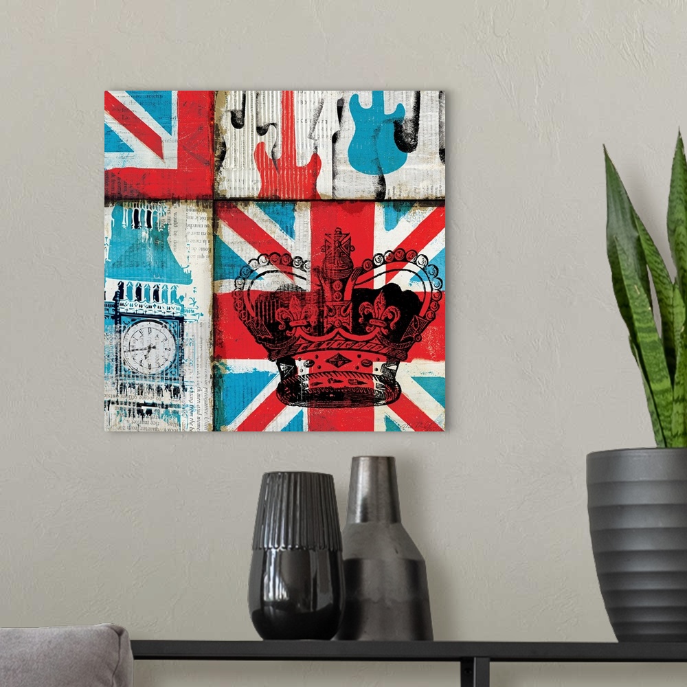 A modern room featuring This retro artwork has the United Kingdom flag as the background with Big Ben, guitars and a crow...