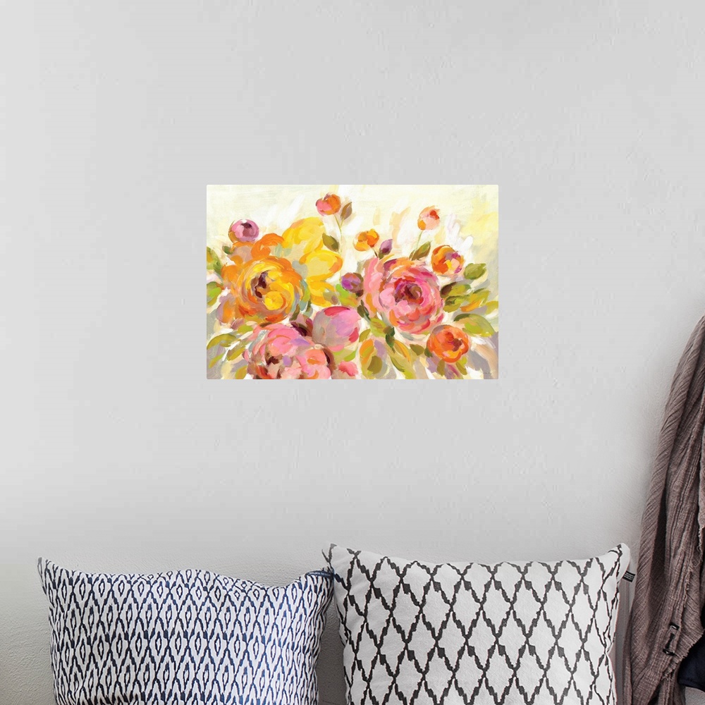 A bohemian room featuring Contemporary painting of pink and yellow peonies.