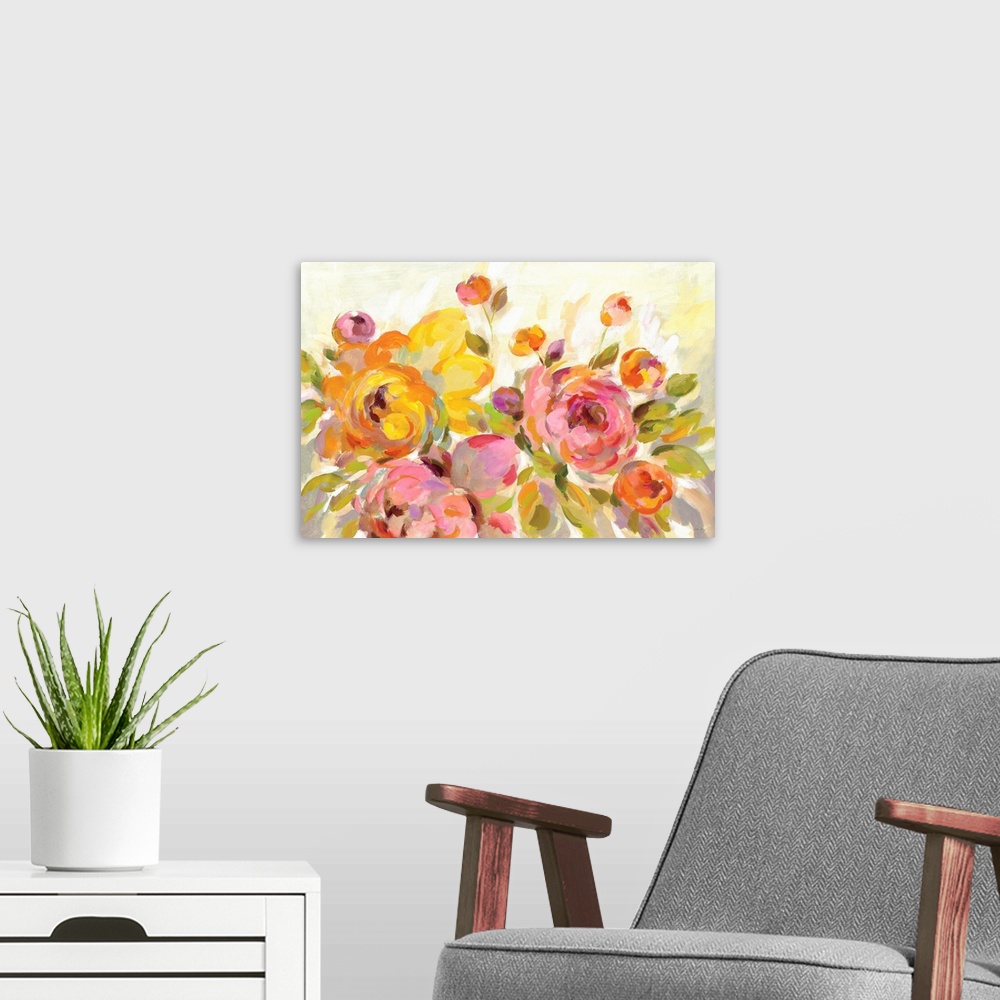 A modern room featuring Contemporary painting of pink and yellow peonies.