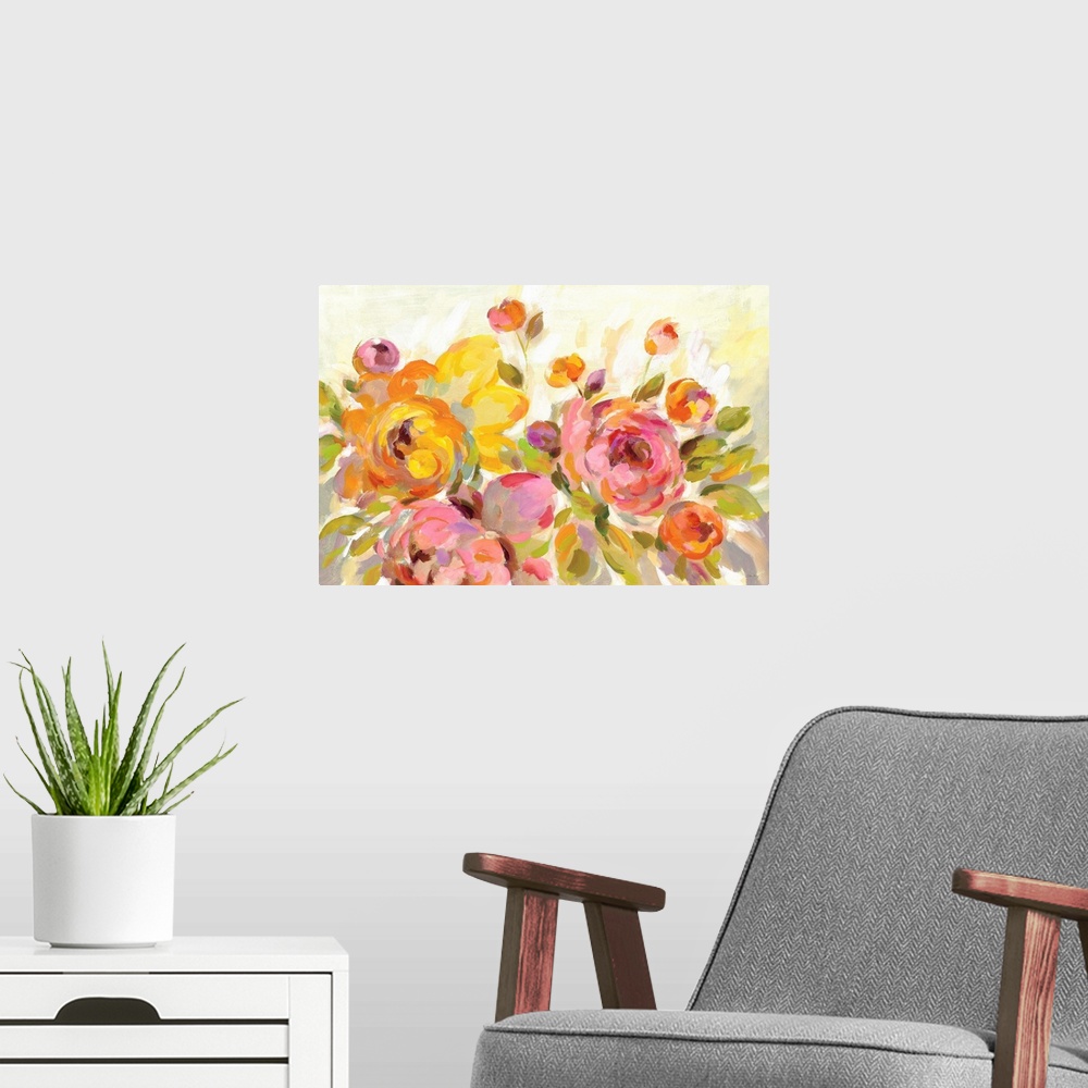 A modern room featuring Contemporary painting of pink and yellow peonies.