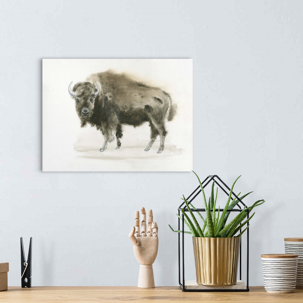 A bohemian room featuring Contemporary artwork of a bison standing against a white background.