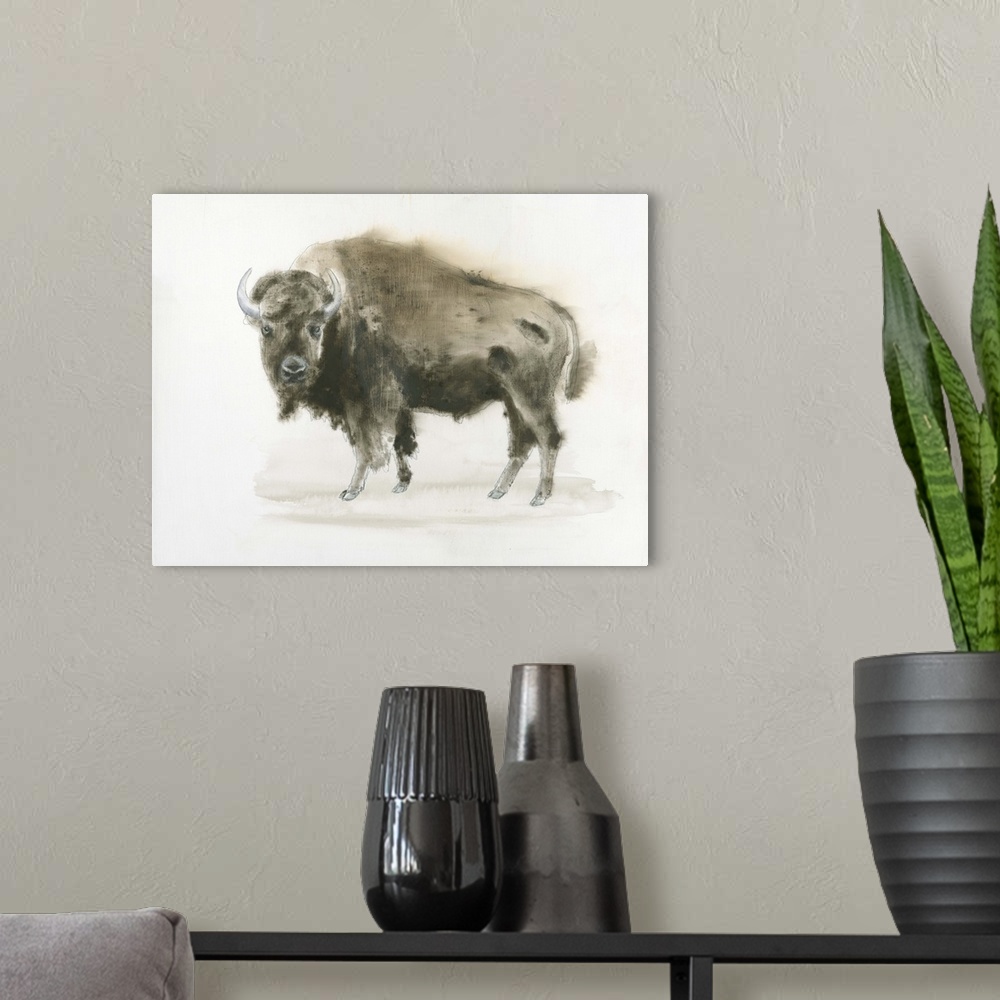 A modern room featuring Contemporary artwork of a bison standing against a white background.