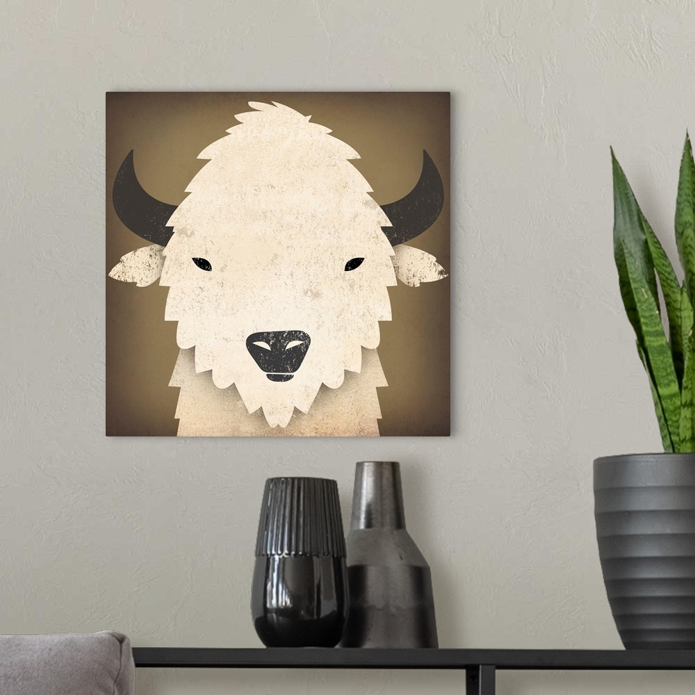 A modern room featuring Cute portrait of a white buffalo with black horns and nose.
