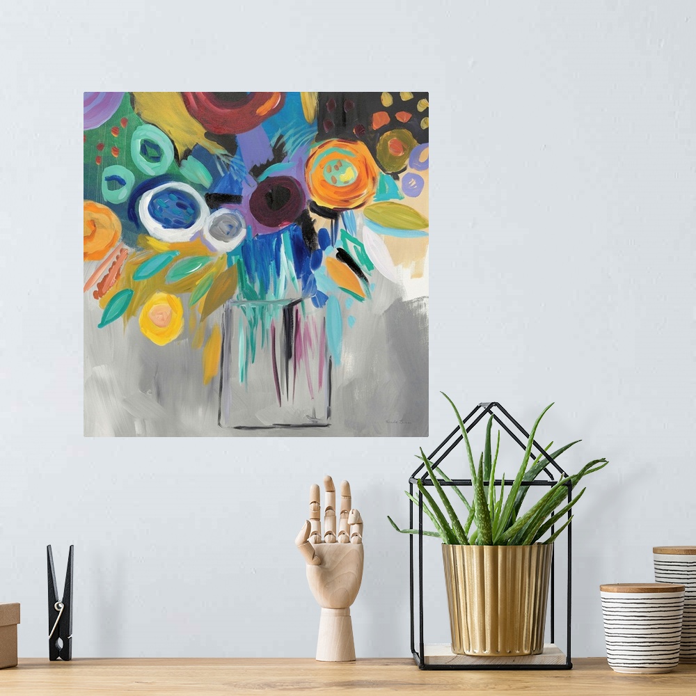 A bohemian room featuring Square abstract painting of a bold floral arrangement on a grey background.