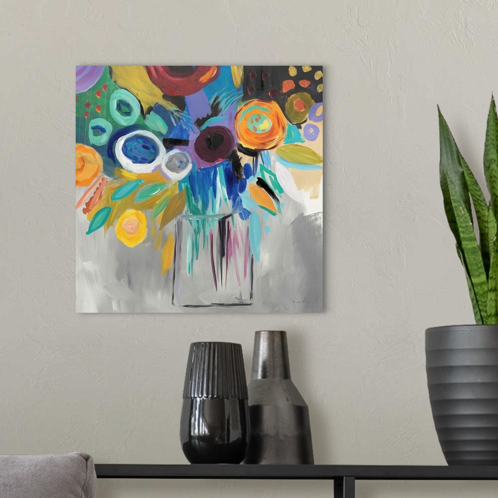 A modern room featuring Square abstract painting of a bold floral arrangement on a grey background.