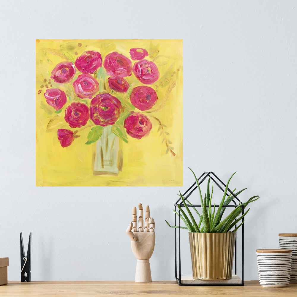A bohemian room featuring Square contemporary painting of bright pink poppies in a vase with a yellow background.