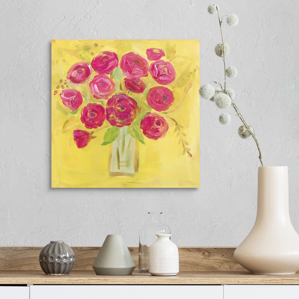 A farmhouse room featuring Square contemporary painting of bright pink poppies in a vase with a yellow background.