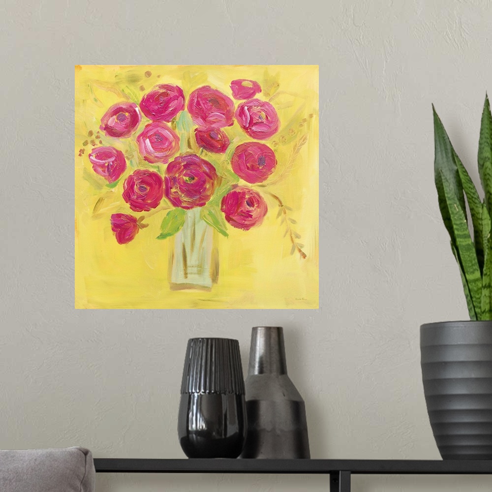 A modern room featuring Square contemporary painting of bright pink poppies in a vase with a yellow background.