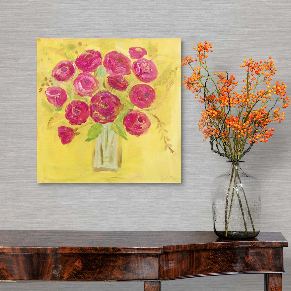 A traditional room featuring Square contemporary painting of bright pink poppies in a vase with a yellow background.