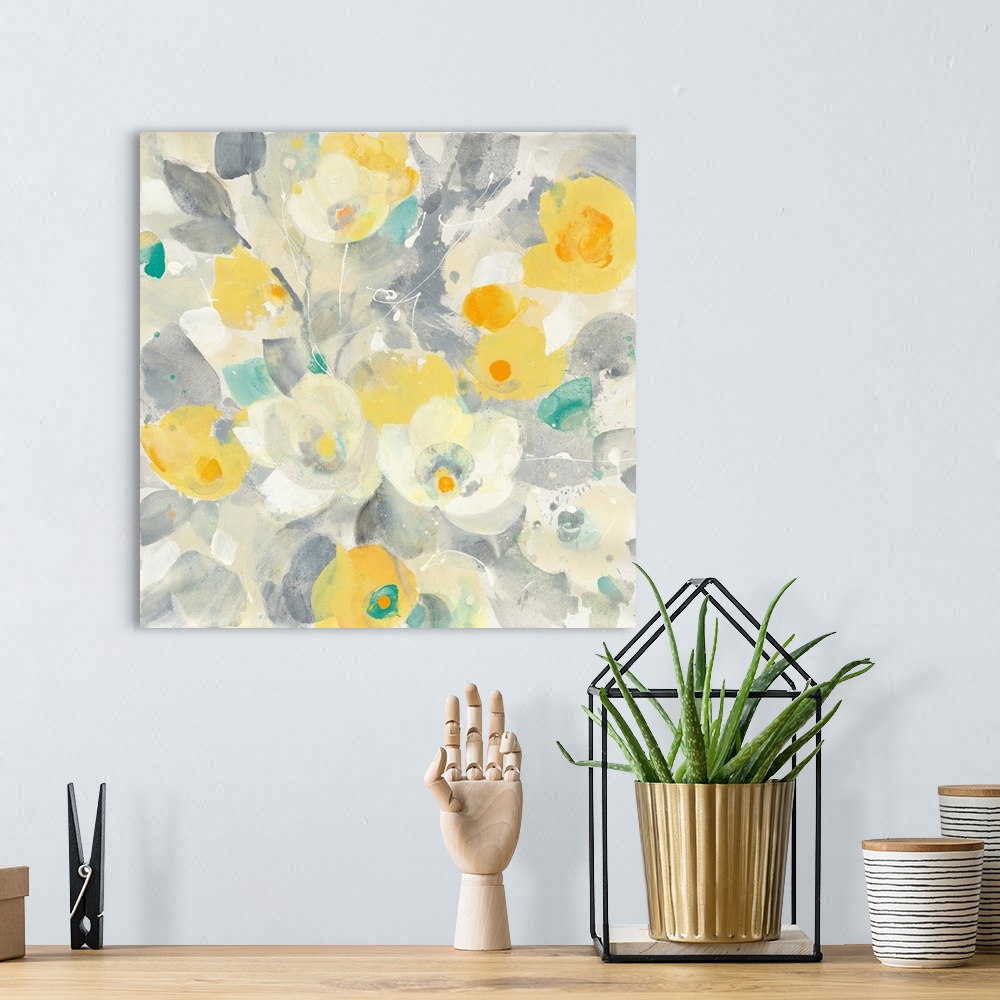 A bohemian room featuring Square contemporary painting of a group of flowers in washed shades of grey and yellow with teal ...