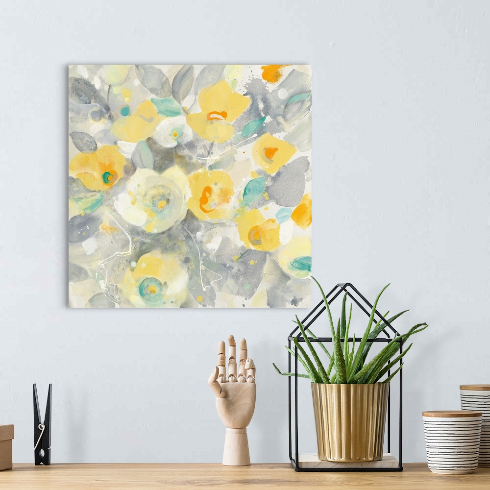 A bohemian room featuring Square contemporary painting of a group of flowers in washed shades of grey and yellow with teal ...