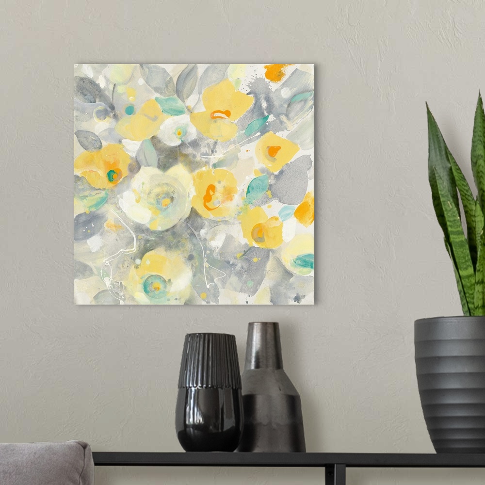 A modern room featuring Square contemporary painting of a group of flowers in washed shades of grey and yellow with teal ...