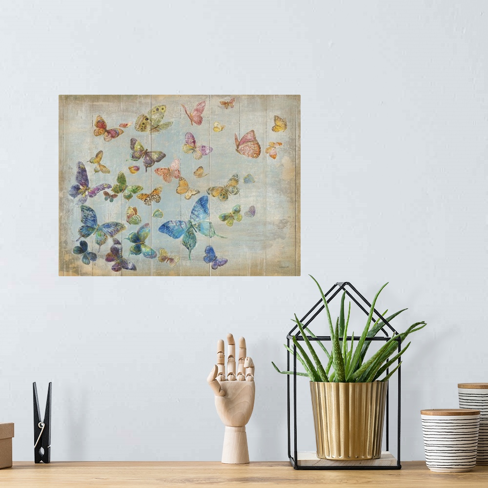 A bohemian room featuring A flock of butterflies of all different colors flying in the sky.