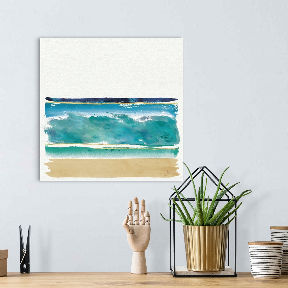 A bohemian room featuring Watercolor painting of the ocean and sandy beach.