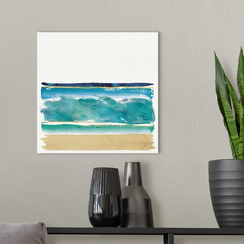A modern room featuring Watercolor painting of the ocean and sandy beach.