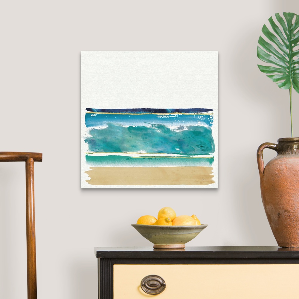 A traditional room featuring Watercolor painting of the ocean and sandy beach.