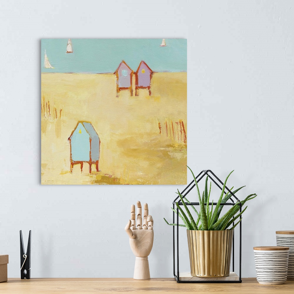 A bohemian room featuring Square contemporary painting of pink and blue cottages on the beachfront with the ocean and sailb...