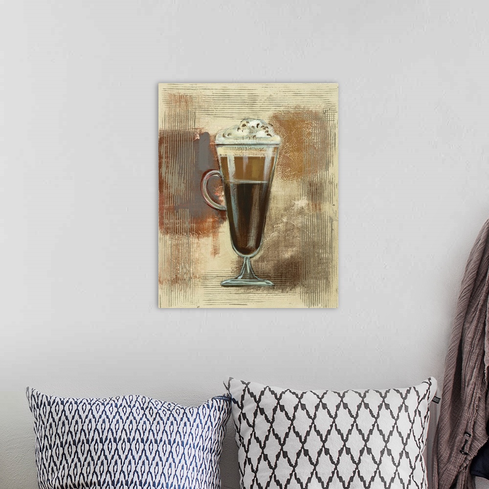 A bohemian room featuring Contemporary painting of a tall cup of coffee with whipped cream on top on a textured neutral col...