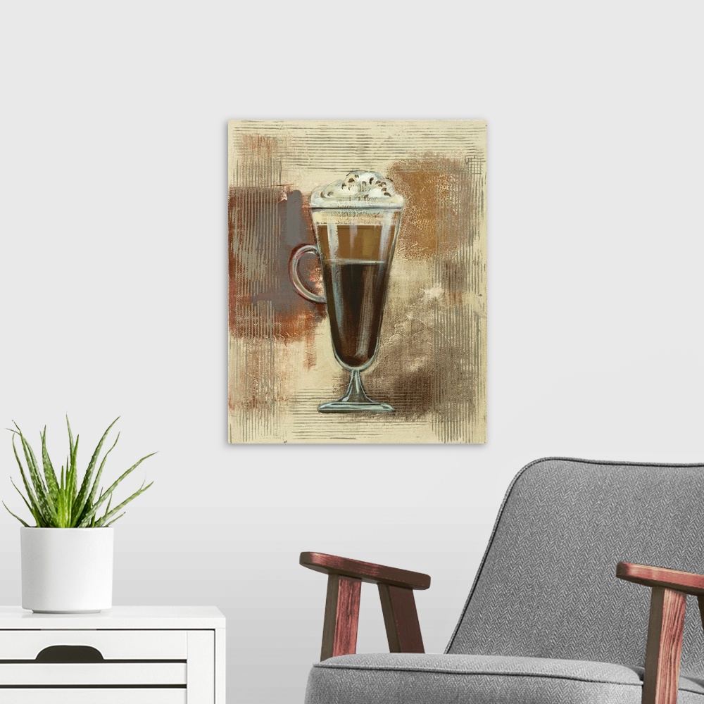 A modern room featuring Contemporary painting of a tall cup of coffee with whipped cream on top on a textured neutral col...