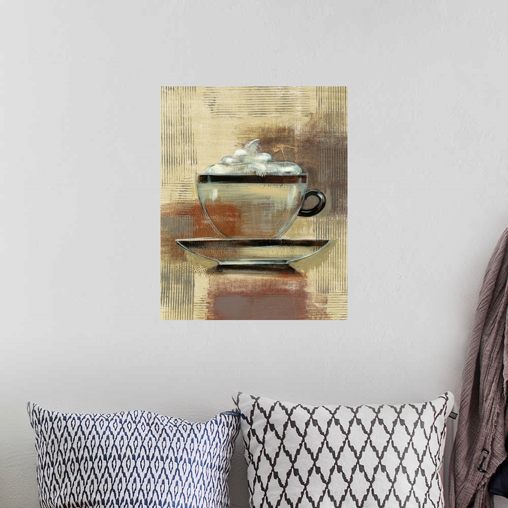 A bohemian room featuring Contemporary painting of a cup of coffee with whipped cream on top on a textured neutral colored ...
