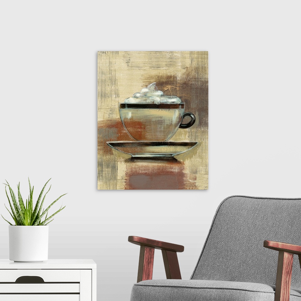 A modern room featuring Contemporary painting of a cup of coffee with whipped cream on top on a textured neutral colored ...