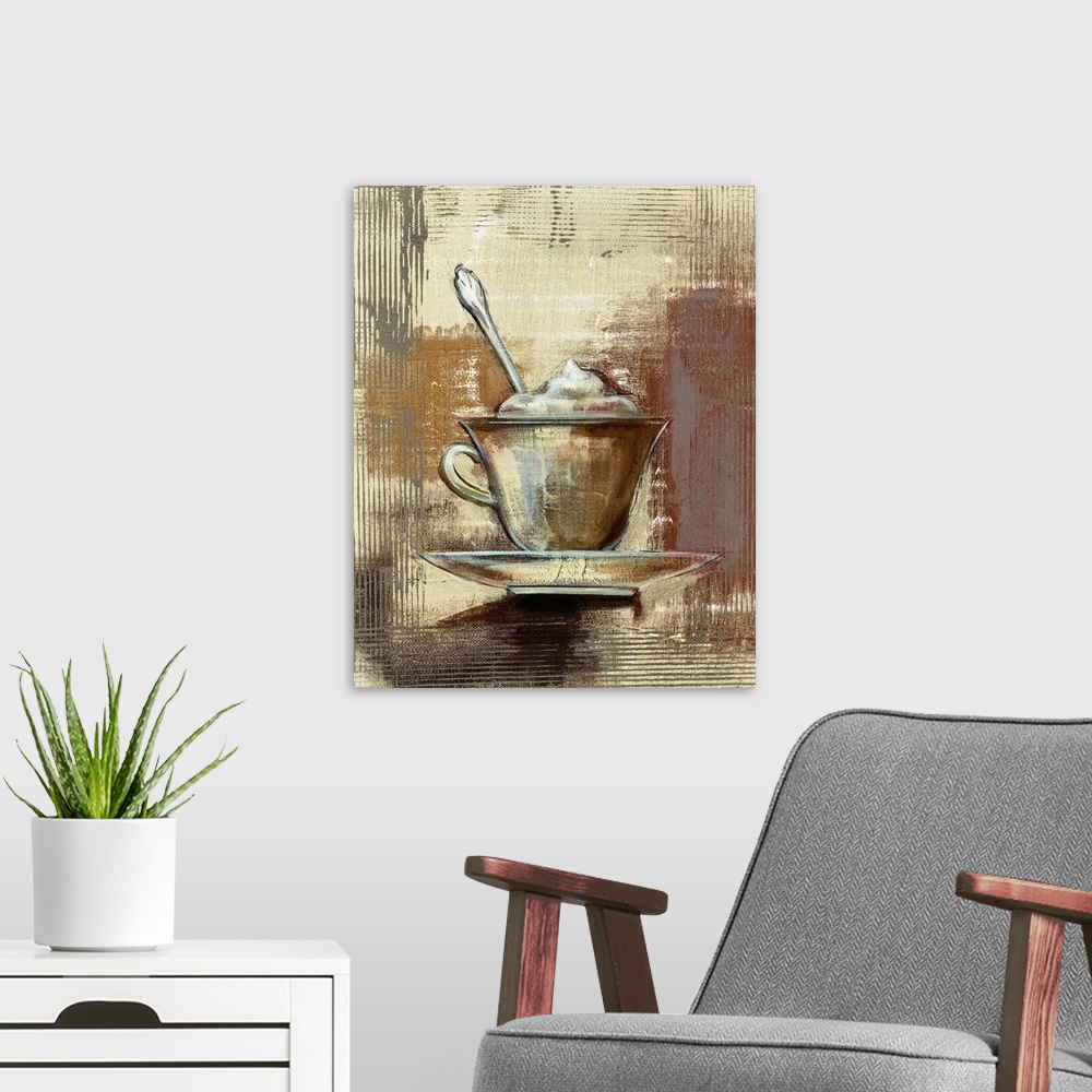 A modern room featuring Contemporary painting of a cup of coffee with whipped cream on top on a textured neutral colored ...