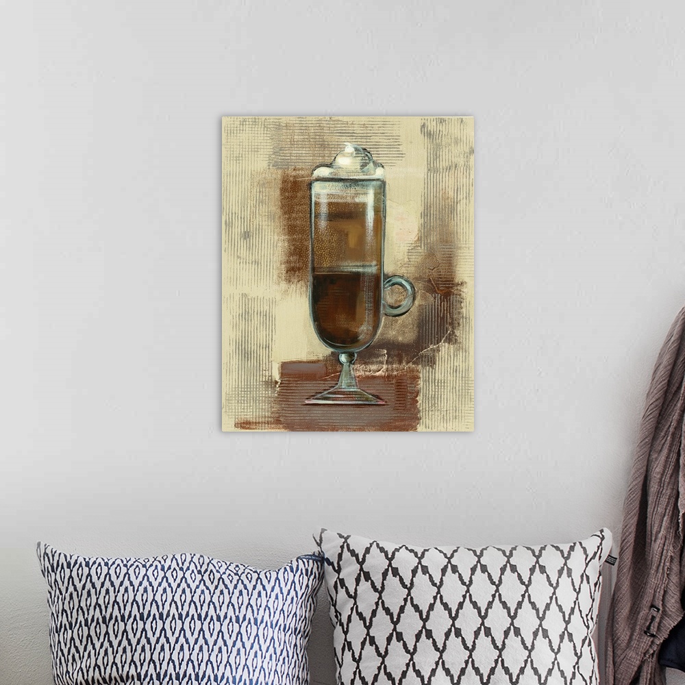 A bohemian room featuring Contemporary painting of a tall cup of coffee with whipped cream on top on a textured neutral col...