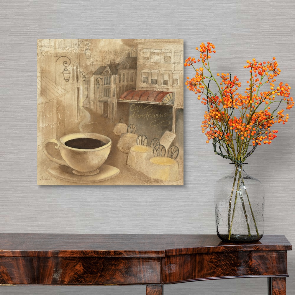 A traditional room featuring Decorative artwork perfect for the kitchen of a cafo with tables outside lining a street and a la...