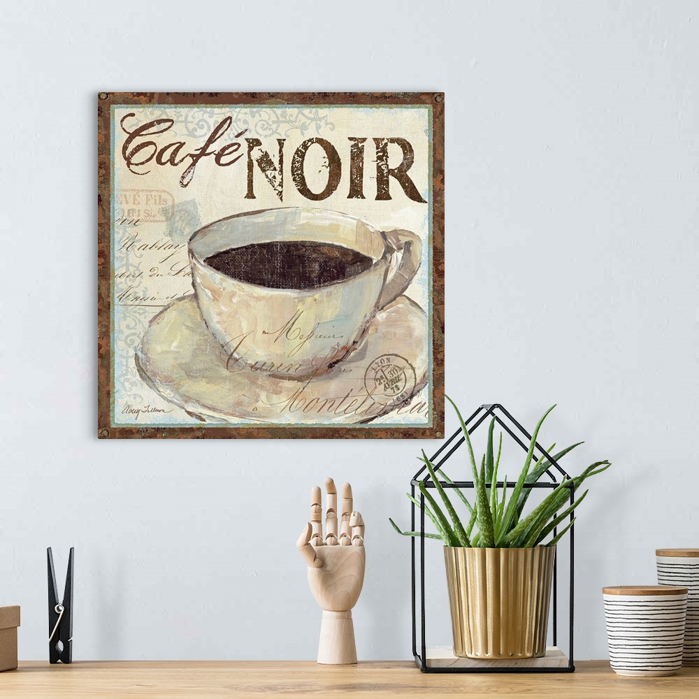 A bohemian room featuring Big, square home art docor of a cup of coffee on a saucer, with the text "Cafo NOIR" above it, in...