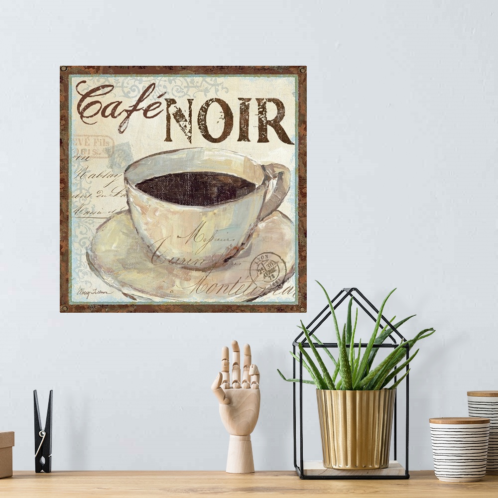 A bohemian room featuring Big, square home art docor of a cup of coffee on a saucer, with the text "Cafo NOIR" above it, in...