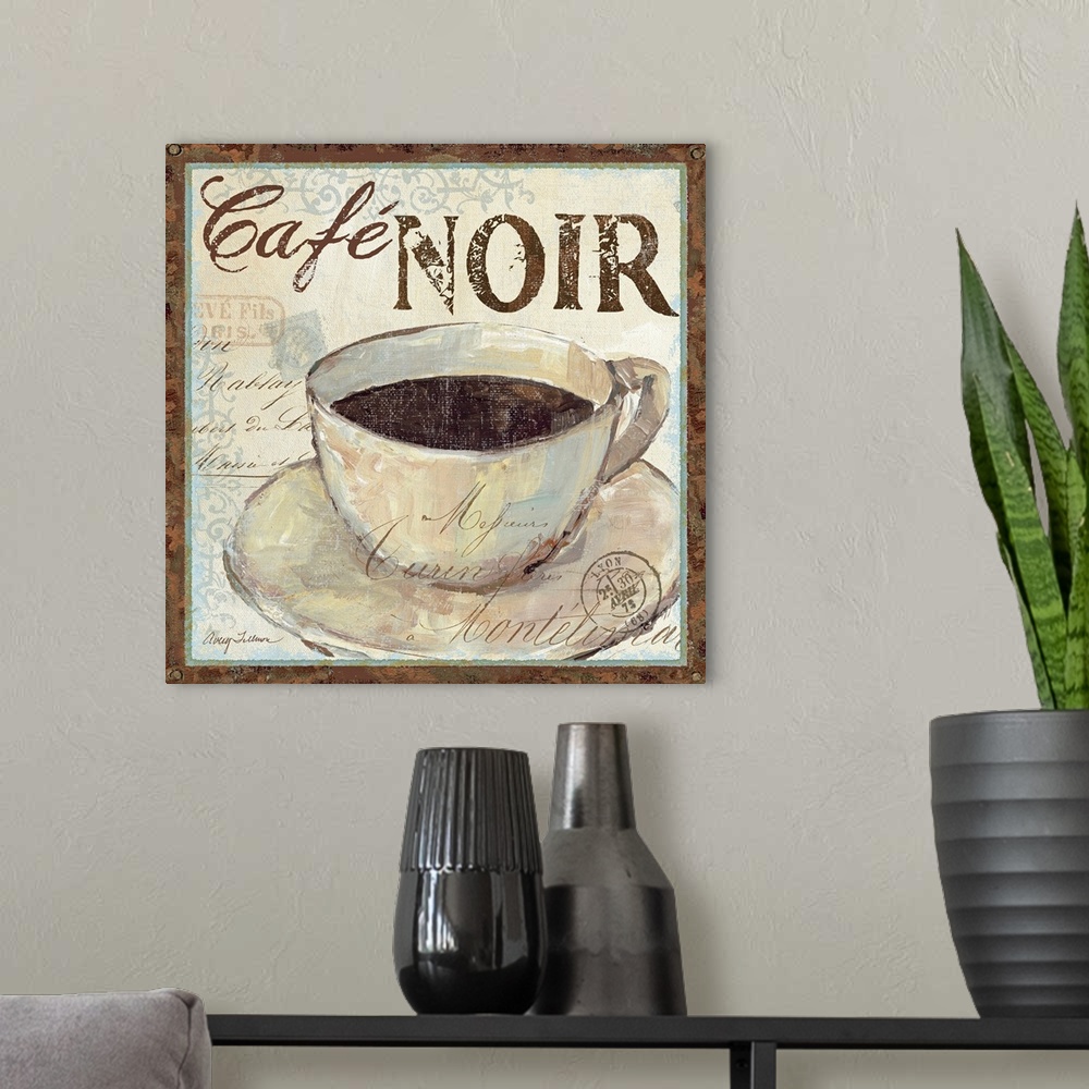 A modern room featuring Big, square home art docor of a cup of coffee on a saucer, with the text "Cafo NOIR" above it, in...