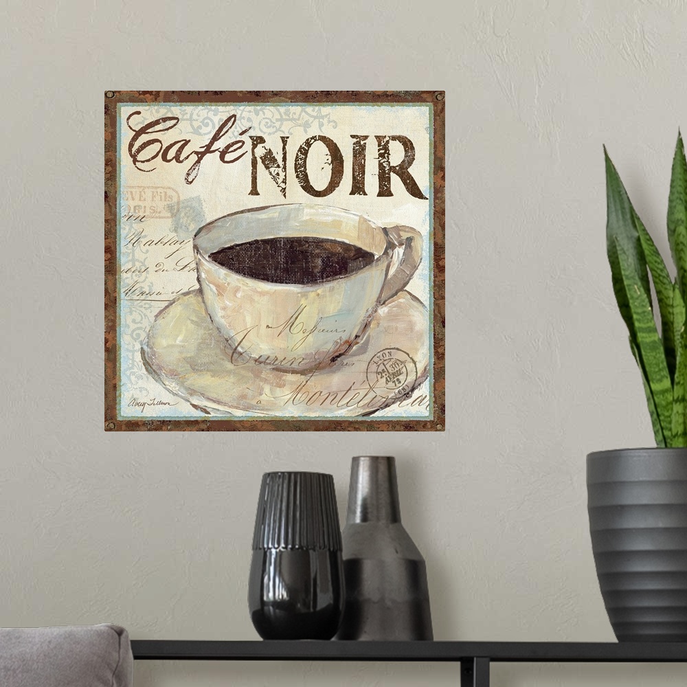 A modern room featuring Big, square home art docor of a cup of coffee on a saucer, with the text "Cafo NOIR" above it, in...