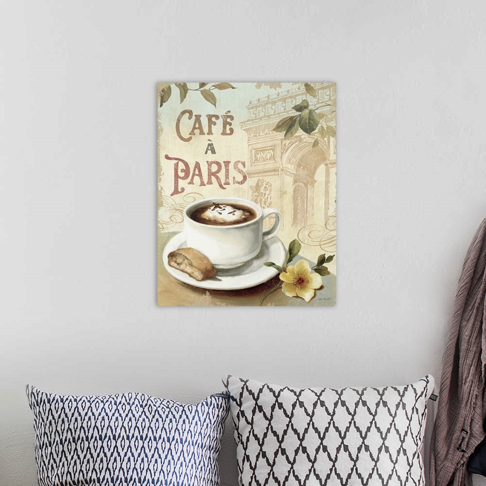 A bohemian room featuring A painting of a cup of coffee on a saucer with a biscuit and a flower over an illustration of the...