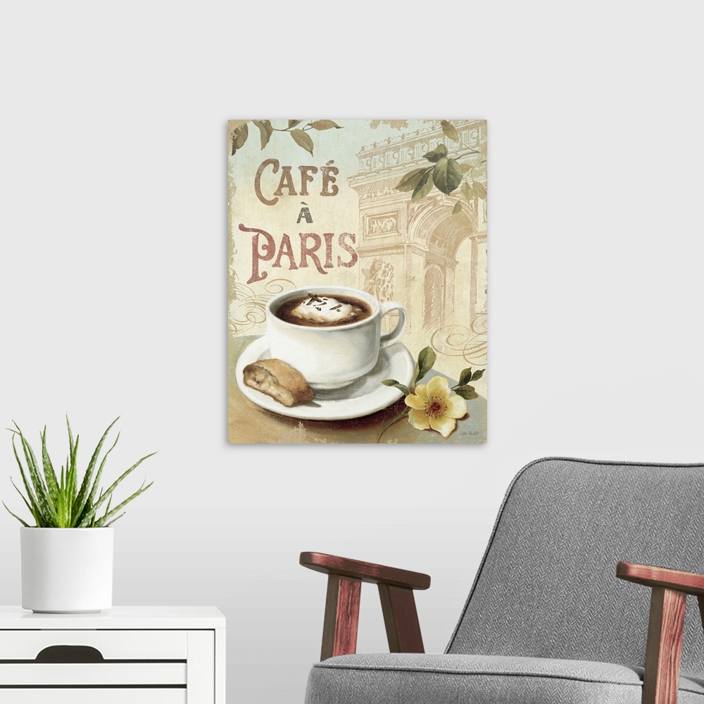 A modern room featuring A painting of a cup of coffee on a saucer with a biscuit and a flower over an illustration of the...