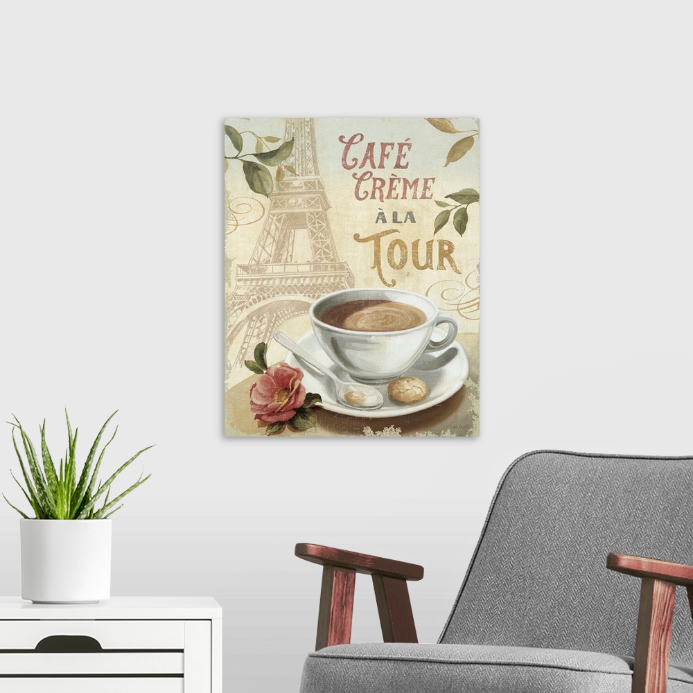 A modern room featuring Decorative wall art of a cup of coffee on a saucer with an illustration of the Eiffel Tower and t...