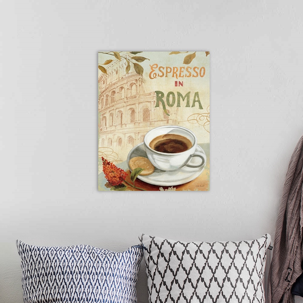 A bohemian room featuring Large canvas art illustrates an advertisement for espresso set against a sketch of the Colosseum....