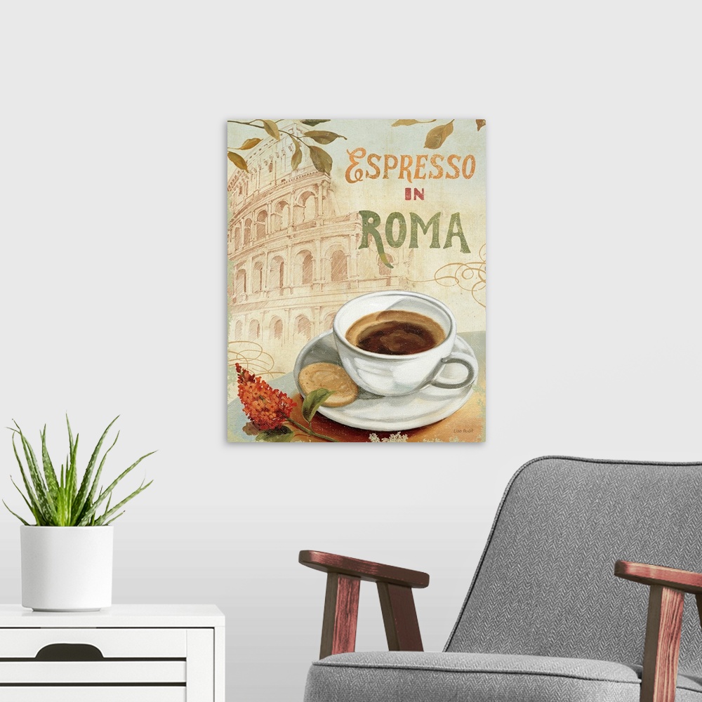 A modern room featuring Large canvas art illustrates an advertisement for espresso set against a sketch of the Colosseum....