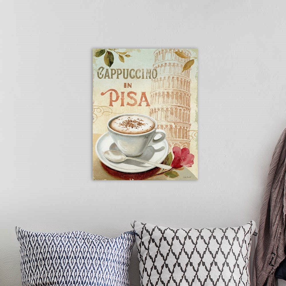 A bohemian room featuring Large canvas art displays an advertisement for a coffee shop in Pisa, Italy.  On the table next t...