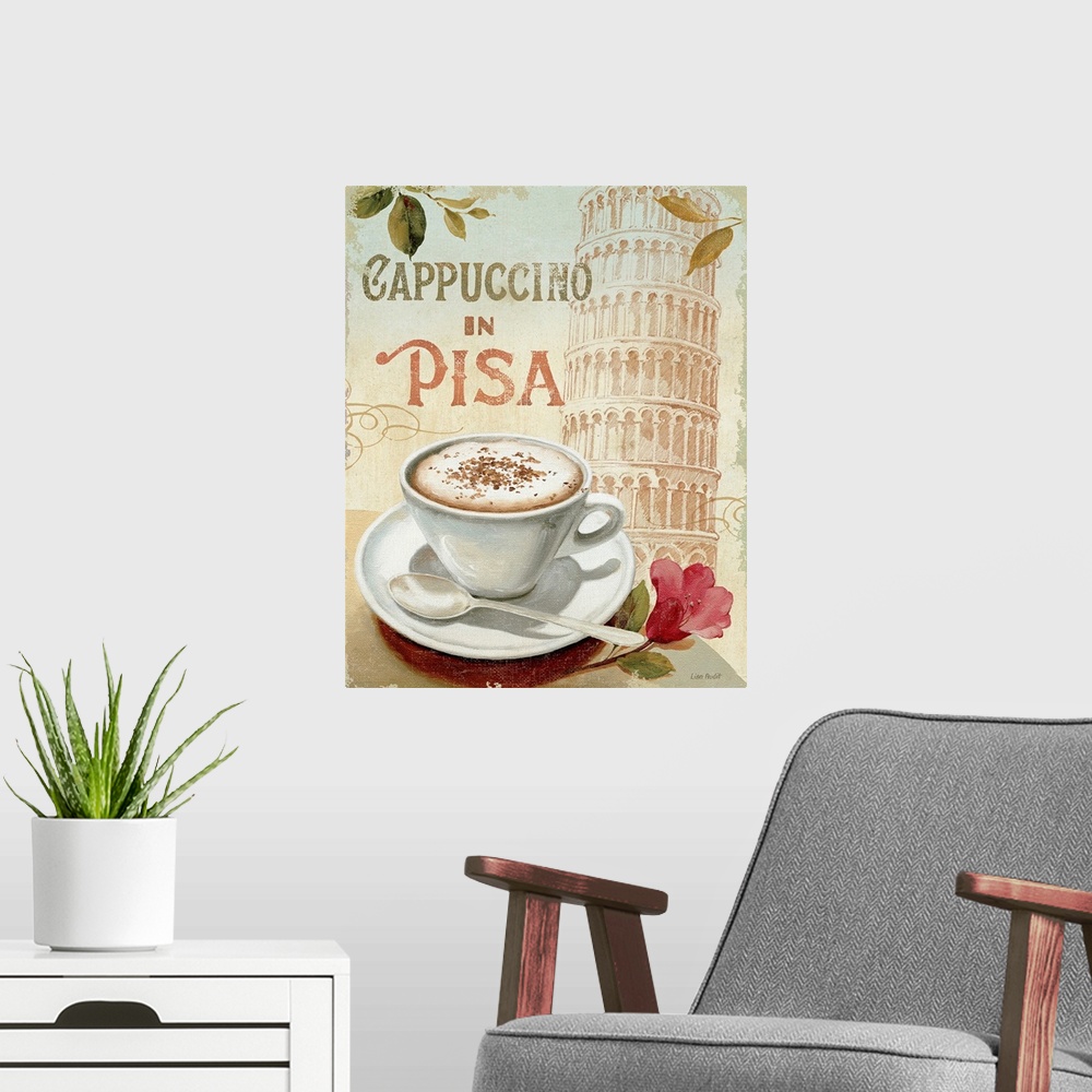 A modern room featuring Large canvas art displays an advertisement for a coffee shop in Pisa, Italy.  On the table next t...