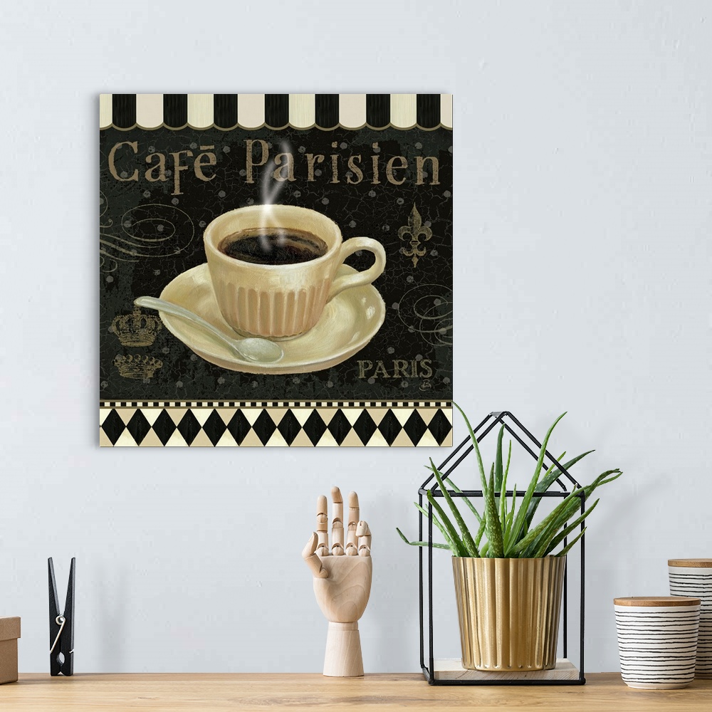 A bohemian room featuring Square painting of a coffee cup on a decorated background with the words Cafo Parisien in the bac...
