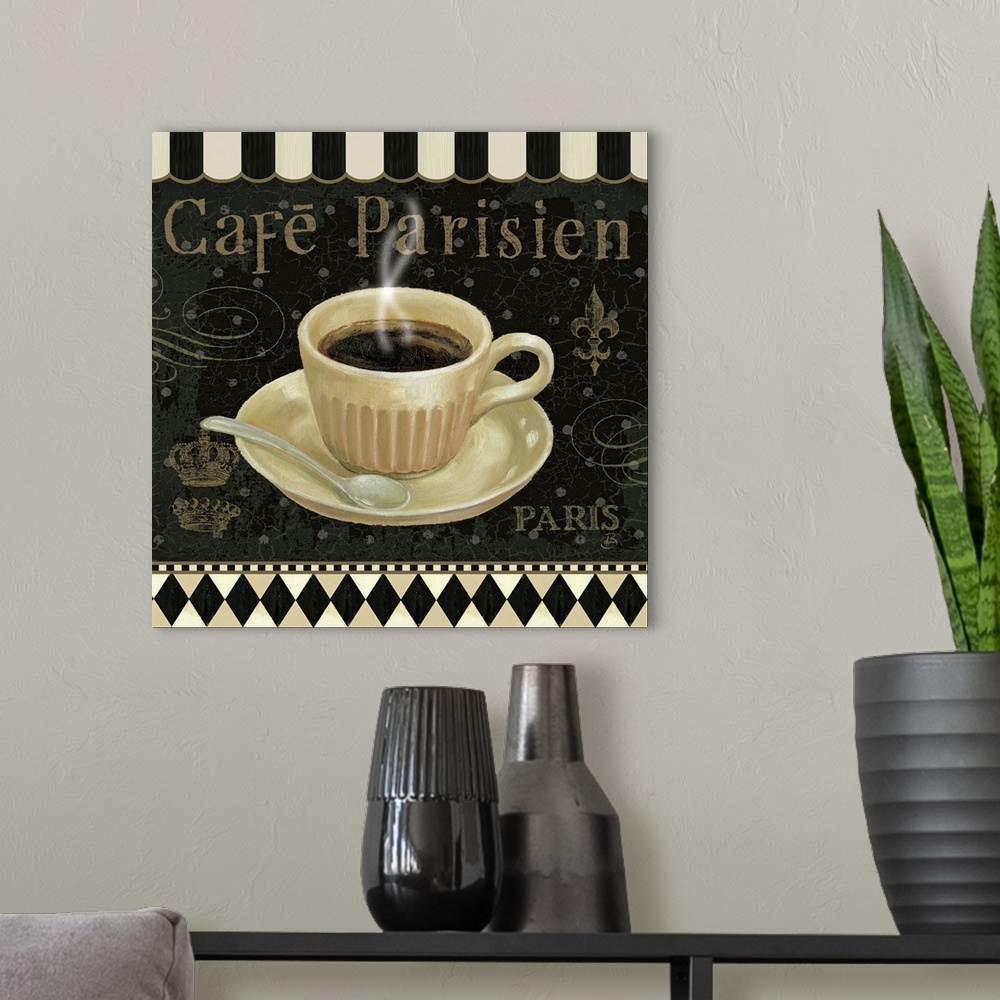 A modern room featuring Square painting of a coffee cup on a decorated background with the words Cafo Parisien in the bac...