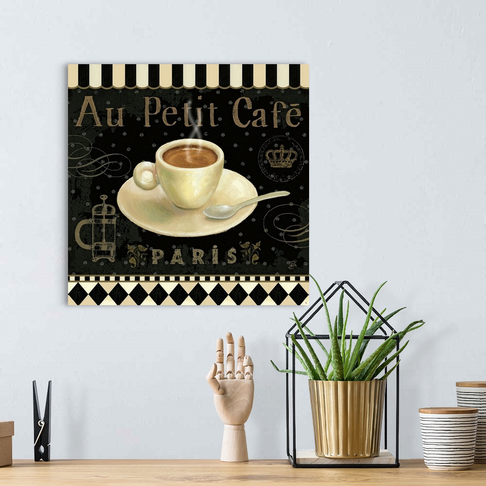 A bohemian room featuring Large canvas art for a coffee shop in Paris, France includes a steaming cup of coffee sitting on ...