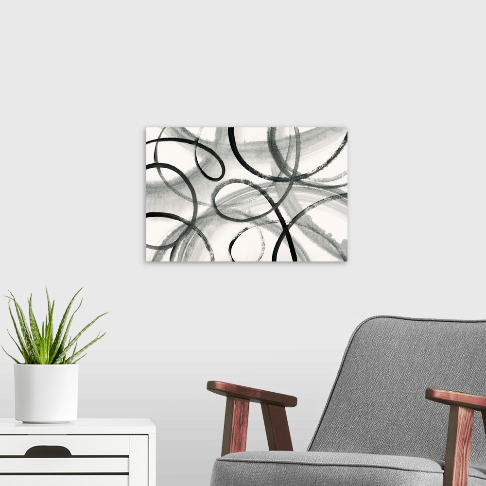 A modern room featuring Black and white abstract painting with loop black lines on a faded background.