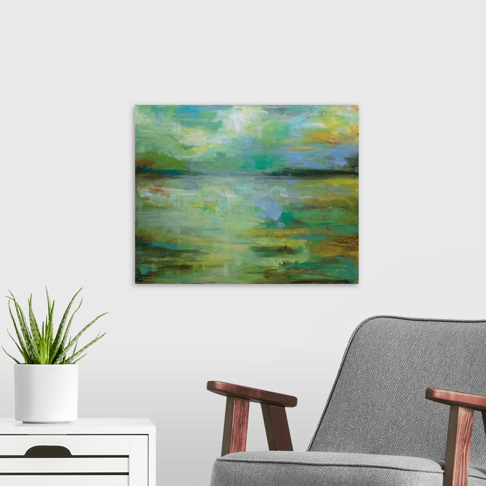 A modern room featuring Contemporary painting of a stream running through a landscape.