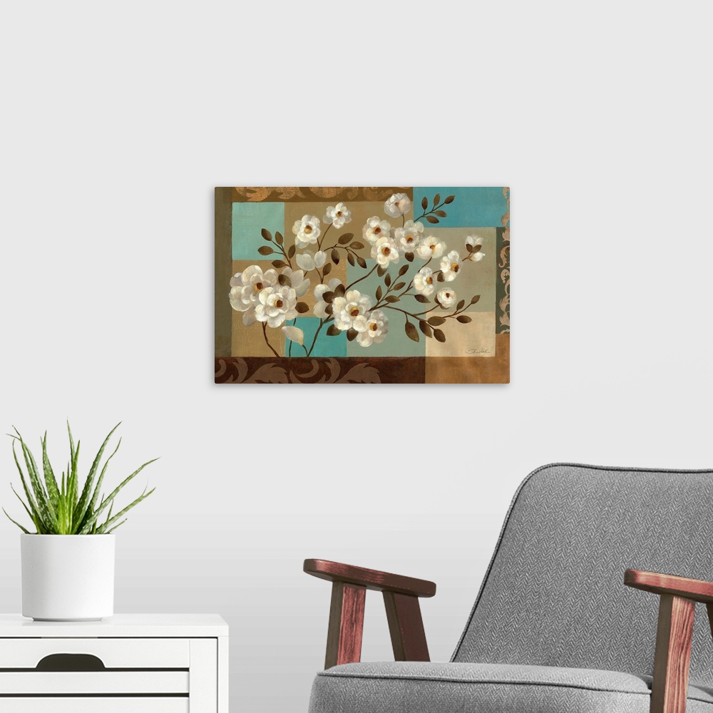A modern room featuring Horizontal, large artwork for a living room or office.  A cluster of white flowers with leaves on...
